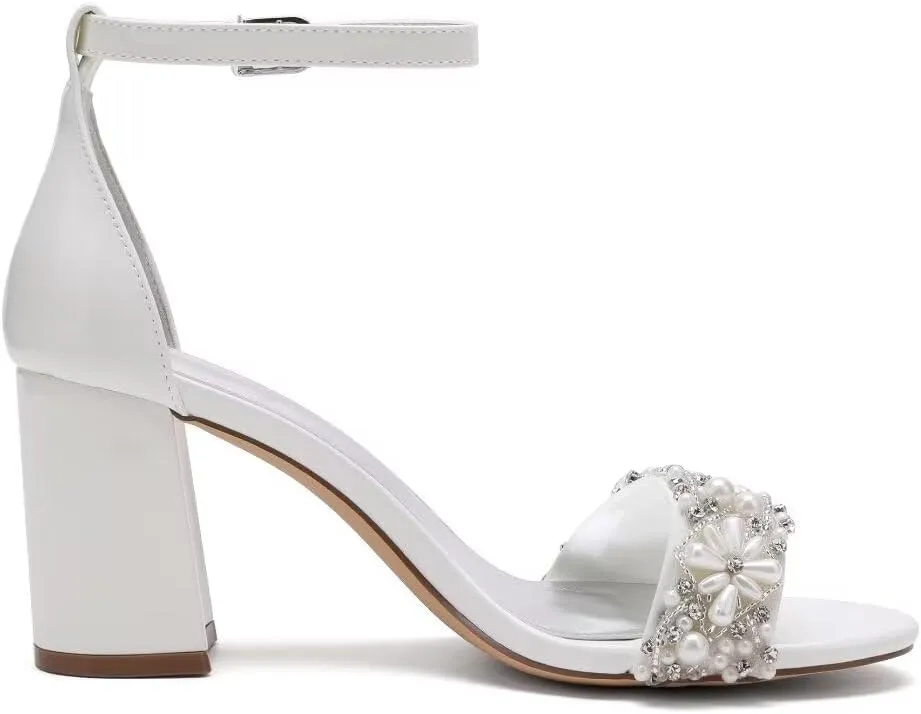 Pearl Wedding Shoes for Bride Block Heel Wedding Sandals Open Toe Bridal Heels