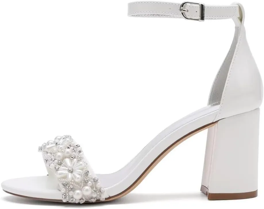 Pearl Wedding Shoes for Bride Block Heel Wedding Sandals Open Toe Bridal Heels