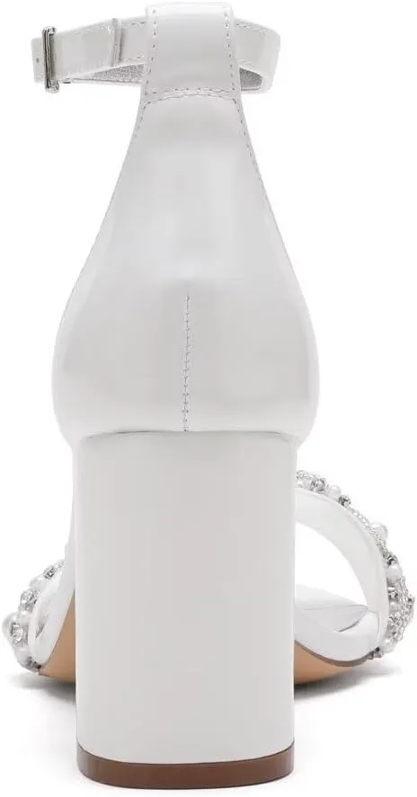Pearl Wedding Shoes for Bride Block Heel Wedding Sandals Open Toe Bridal Heels