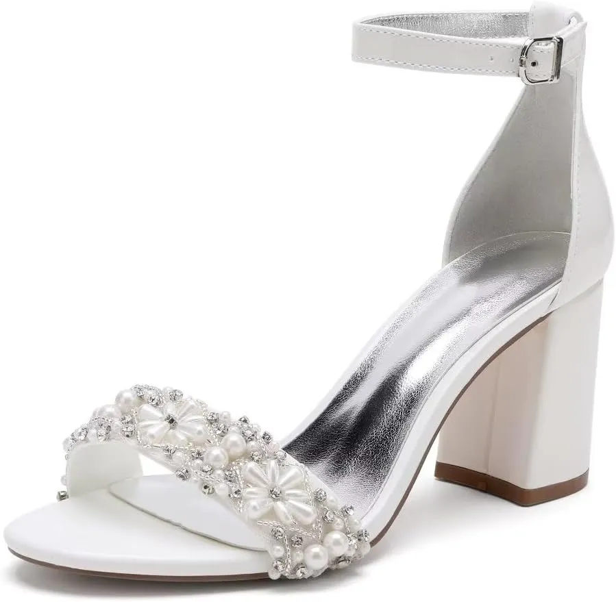Pearl Wedding Shoes for Bride Block Heel Wedding Sandals Open Toe Bridal Heels