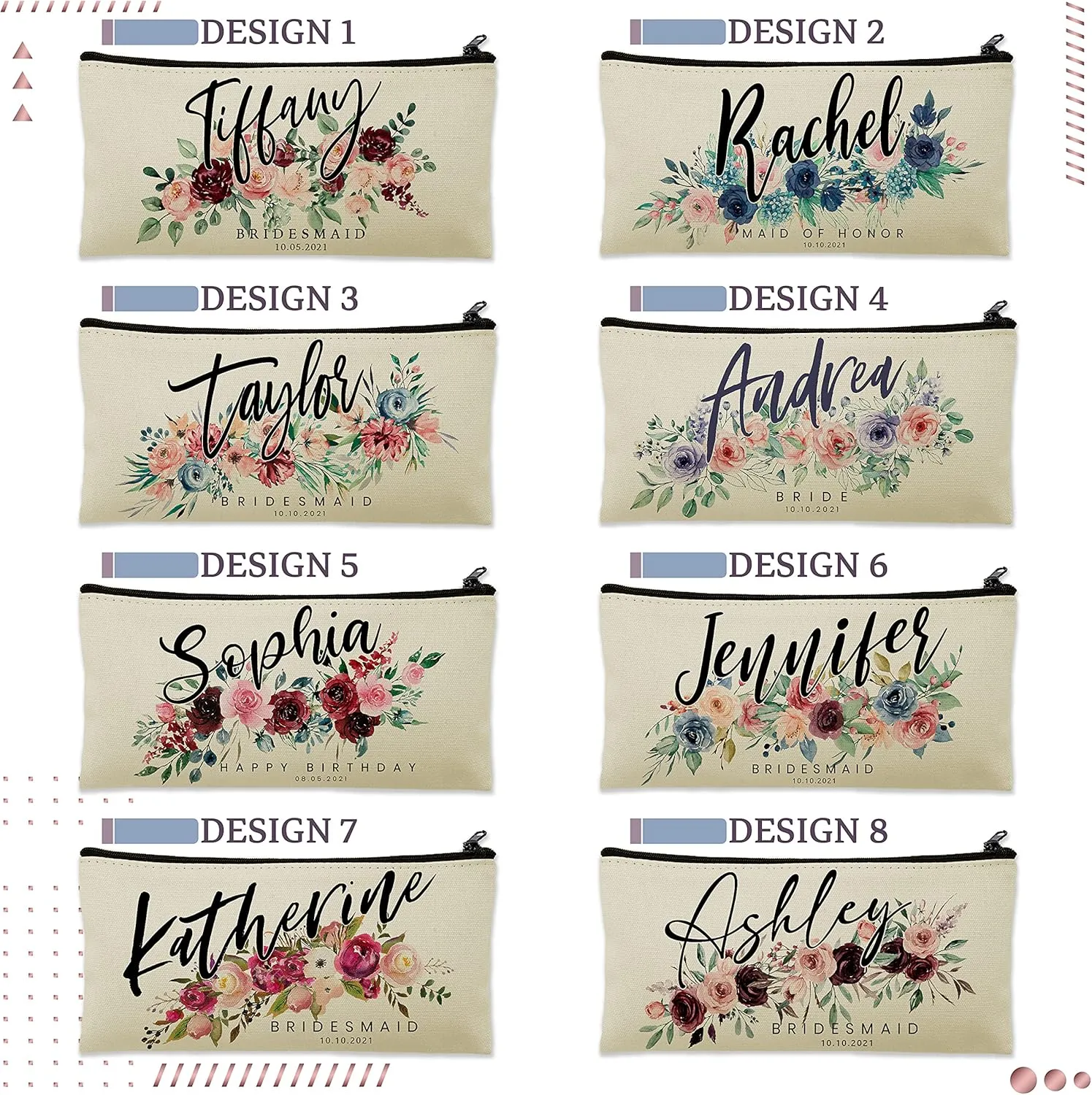 People People Personalized Wedding Makeup Bag Bachelorette Party Women Customized Bride Toiletry Bag GiftsBridal Shower - Custom Girl Travel Cosmetic Proposal Bridesmaid Gift Pouch C1 (Set of 5)
