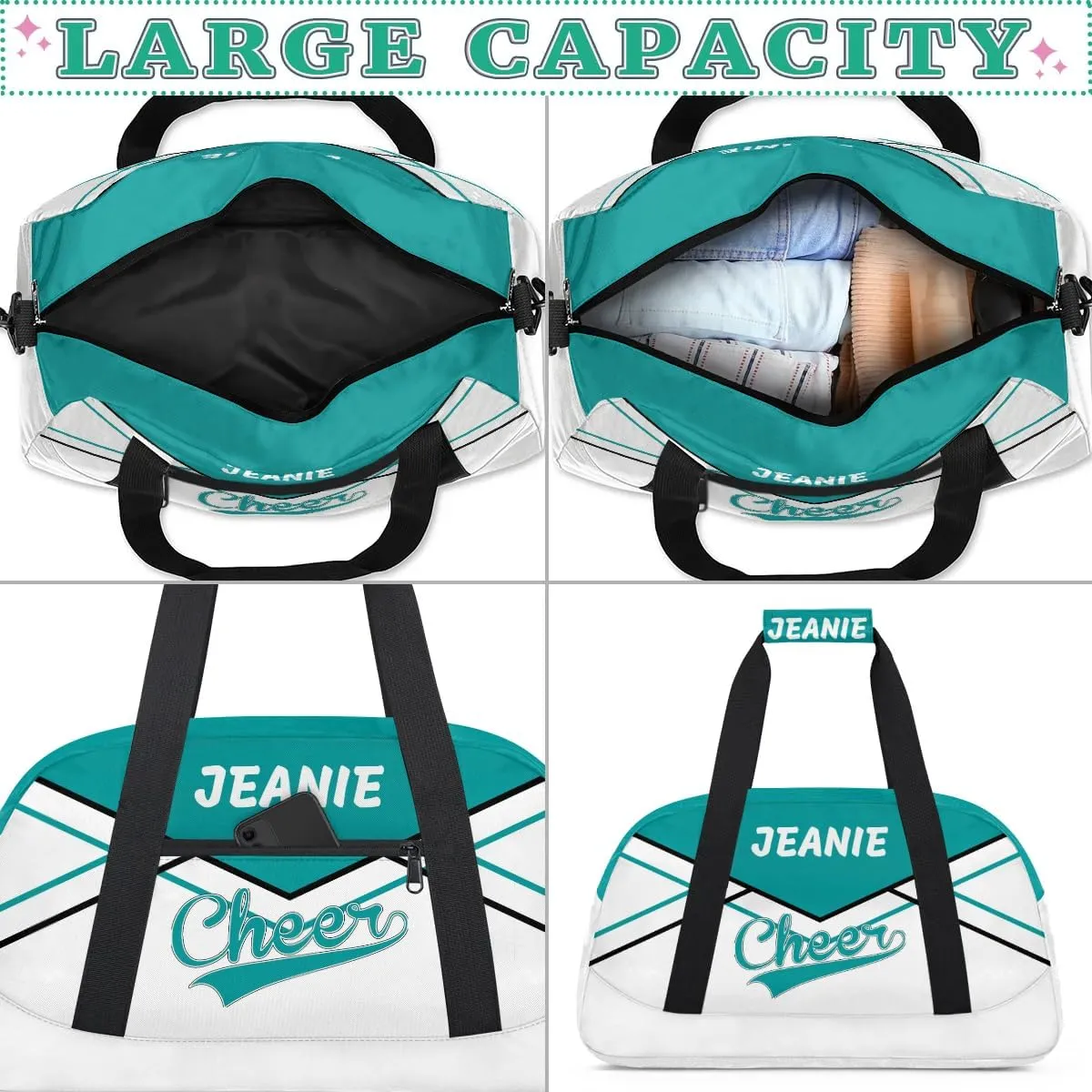 Personalize Cheer Bags for Girls Kids Cheerleaders with Custom Name Dancing Sport Gym Perform Training Duffel Bags for Overnight Weekender Travel Blue-Green White 3