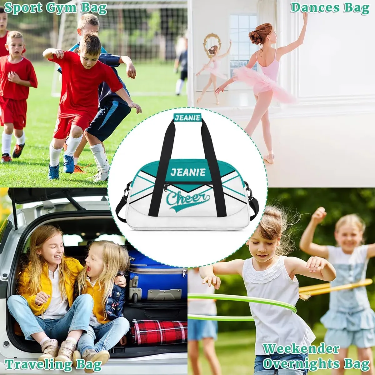 Personalize Cheer Bags for Girls Kids Cheerleaders with Custom Name Dancing Sport Gym Perform Training Duffel Bags for Overnight Weekender Travel Blue-Green White 3