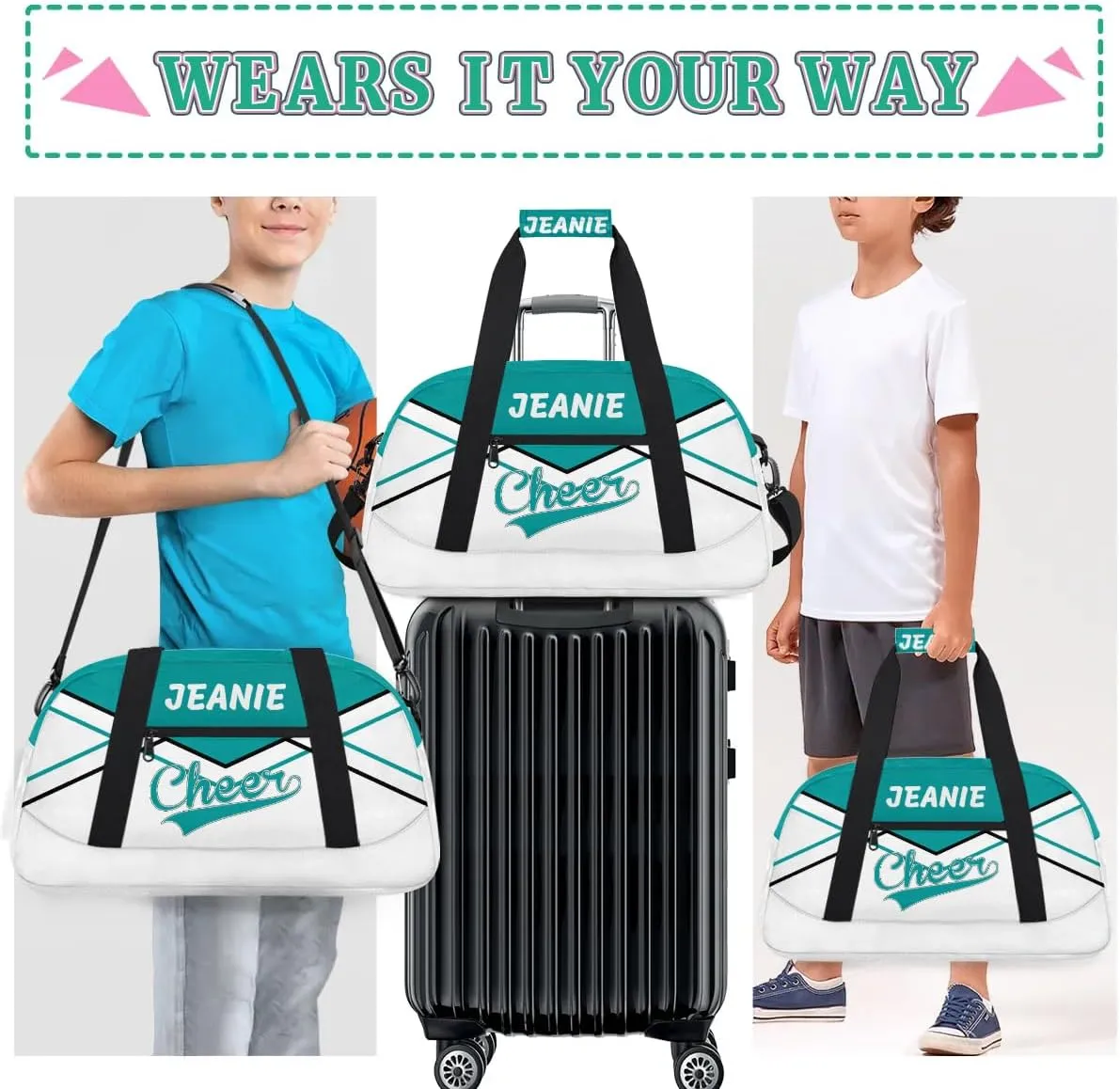Personalize Cheer Bags for Girls Kids Cheerleaders with Custom Name Dancing Sport Gym Perform Training Duffel Bags for Overnight Weekender Travel Blue-Green White 3