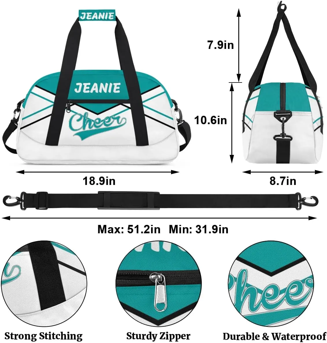 Personalize Cheer Bags for Girls Kids Cheerleaders with Custom Name Dancing Sport Gym Perform Training Duffel Bags for Overnight Weekender Travel Blue-Green White 3
