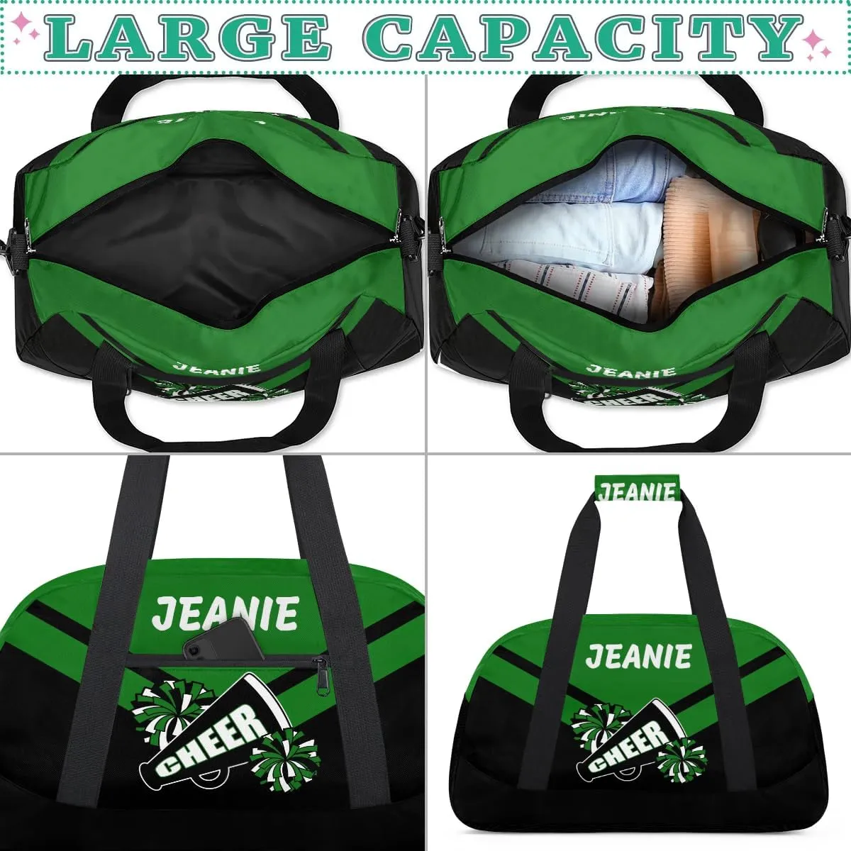 Personalize Cheer Bags for Girls Kids Cheerleaders with Custom Name Dancing Sport Gym Perform Training Duffel Bags for Overnight Weekender Travel Green Black 5