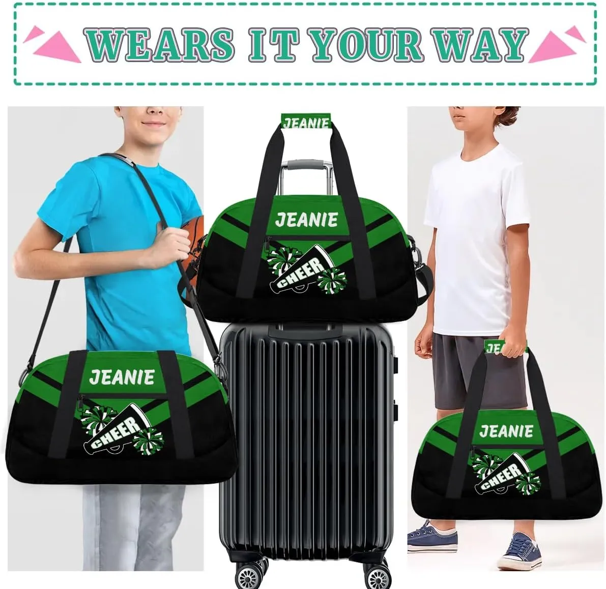 Personalize Cheer Bags for Girls Kids Cheerleaders with Custom Name Dancing Sport Gym Perform Training Duffel Bags for Overnight Weekender Travel Green Black 5