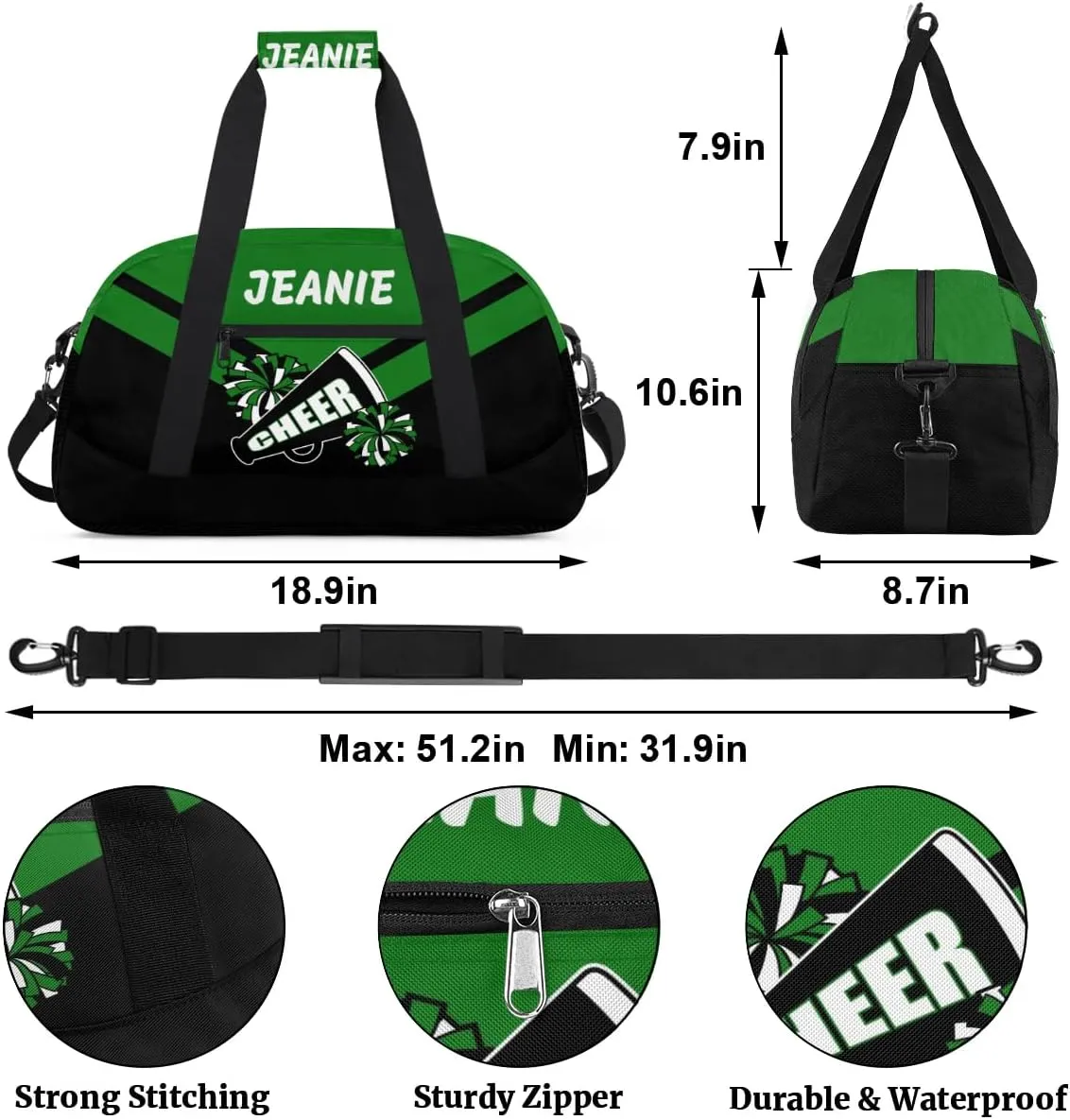 Personalize Cheer Bags for Girls Kids Cheerleaders with Custom Name Dancing Sport Gym Perform Training Duffel Bags for Overnight Weekender Travel Green Black 5