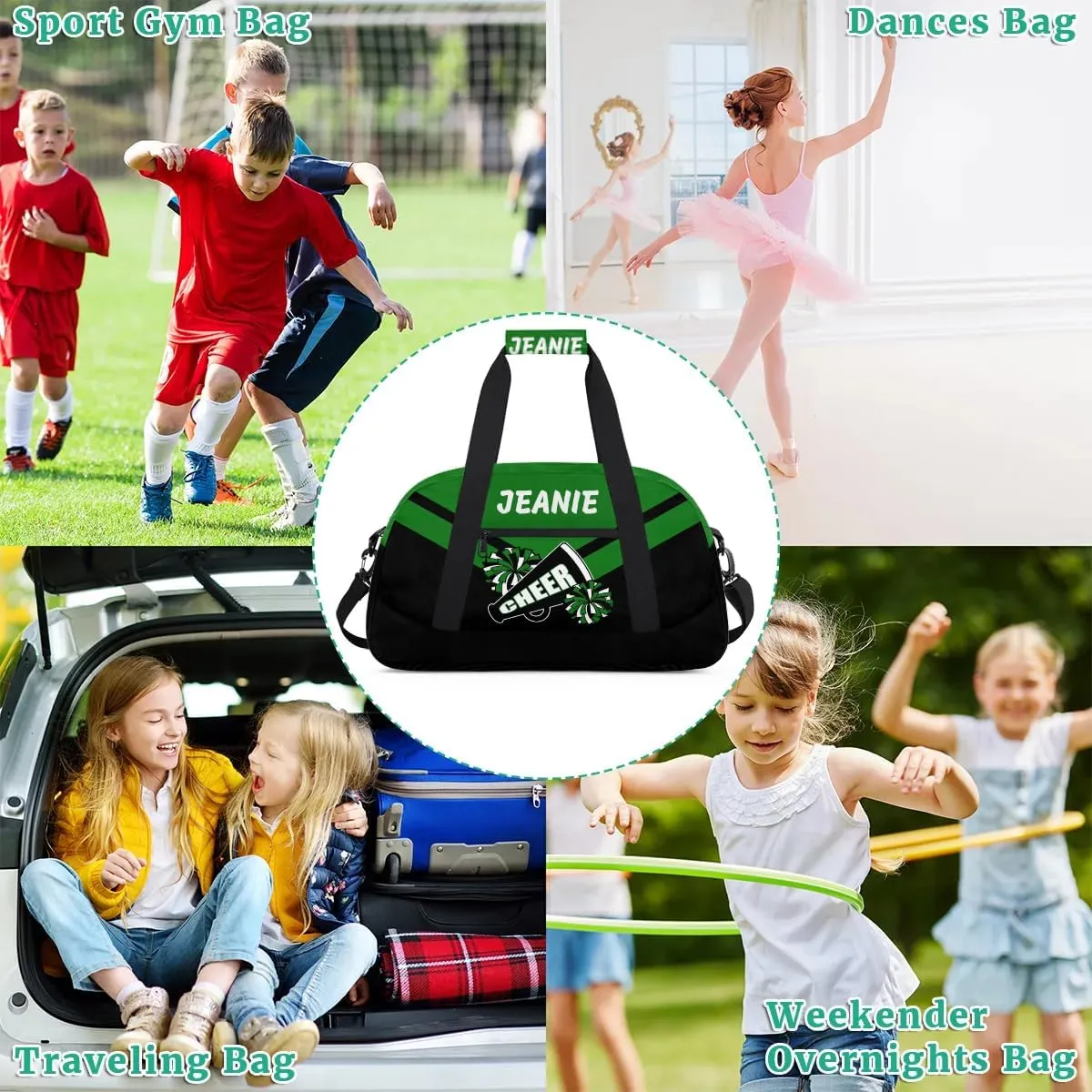 Personalize Cheer Bags for Girls Kids Cheerleaders with Custom Name Dancing Sport Gym Perform Training Duffel Bags for Overnight Weekender Travel Green Black 5