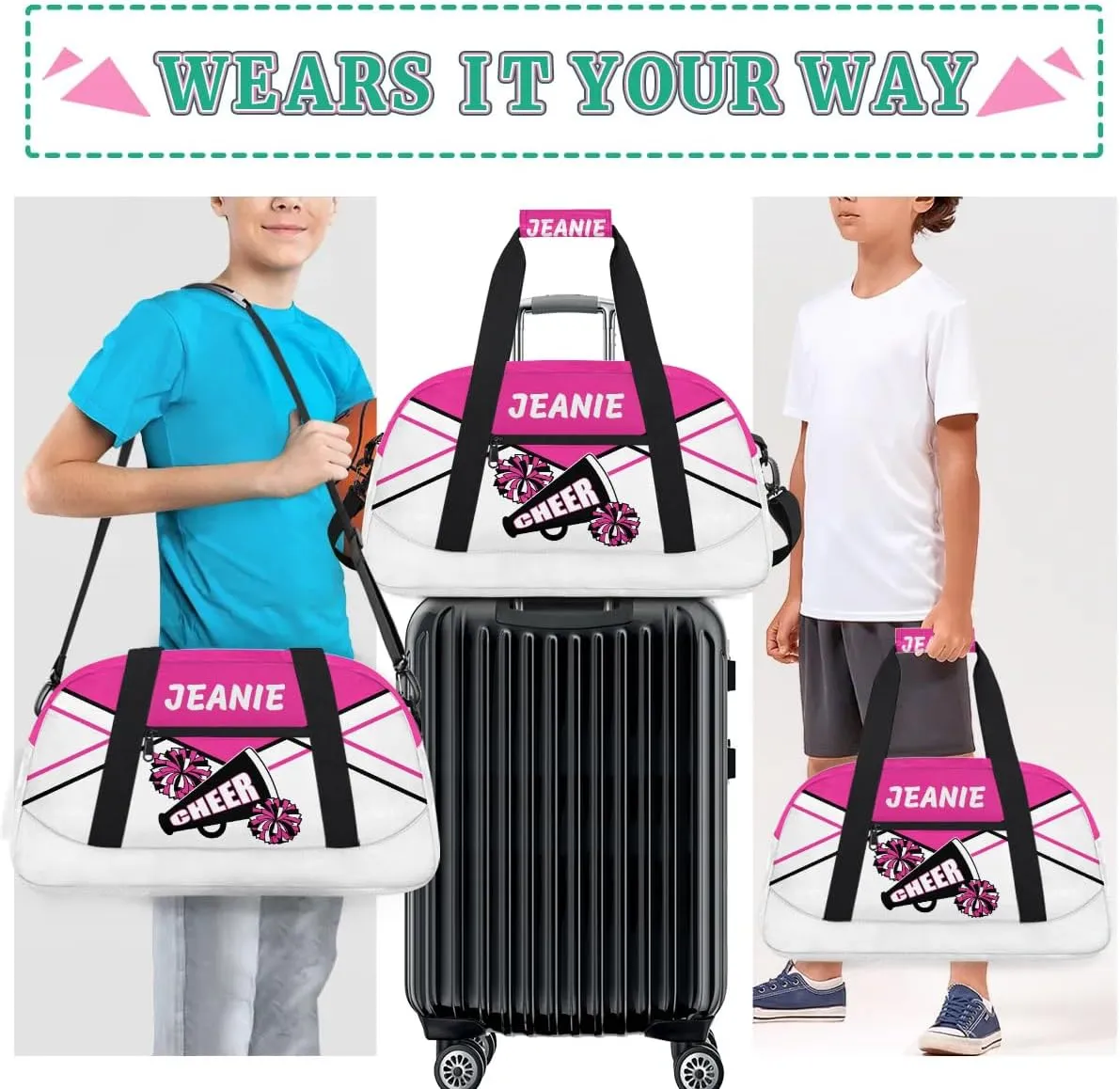Personalize Cheer Bags for Girls Kids Cheerleaders with Custom Name Dancing Sport Gym Perform Training Duffel Bags for Overnight Weekender Travel Pink White 1