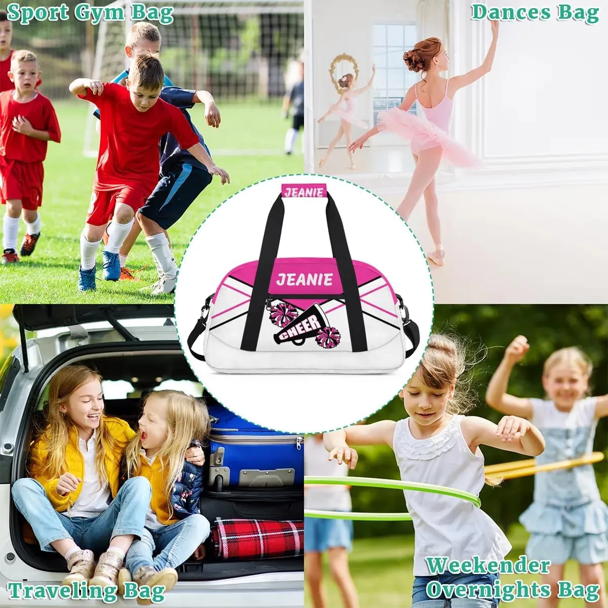 Personalize Cheer Bags for Girls Kids Cheerleaders with Custom Name Dancing Sport Gym Perform Training Duffel Bags for Overnight Weekender Travel Pink White 1