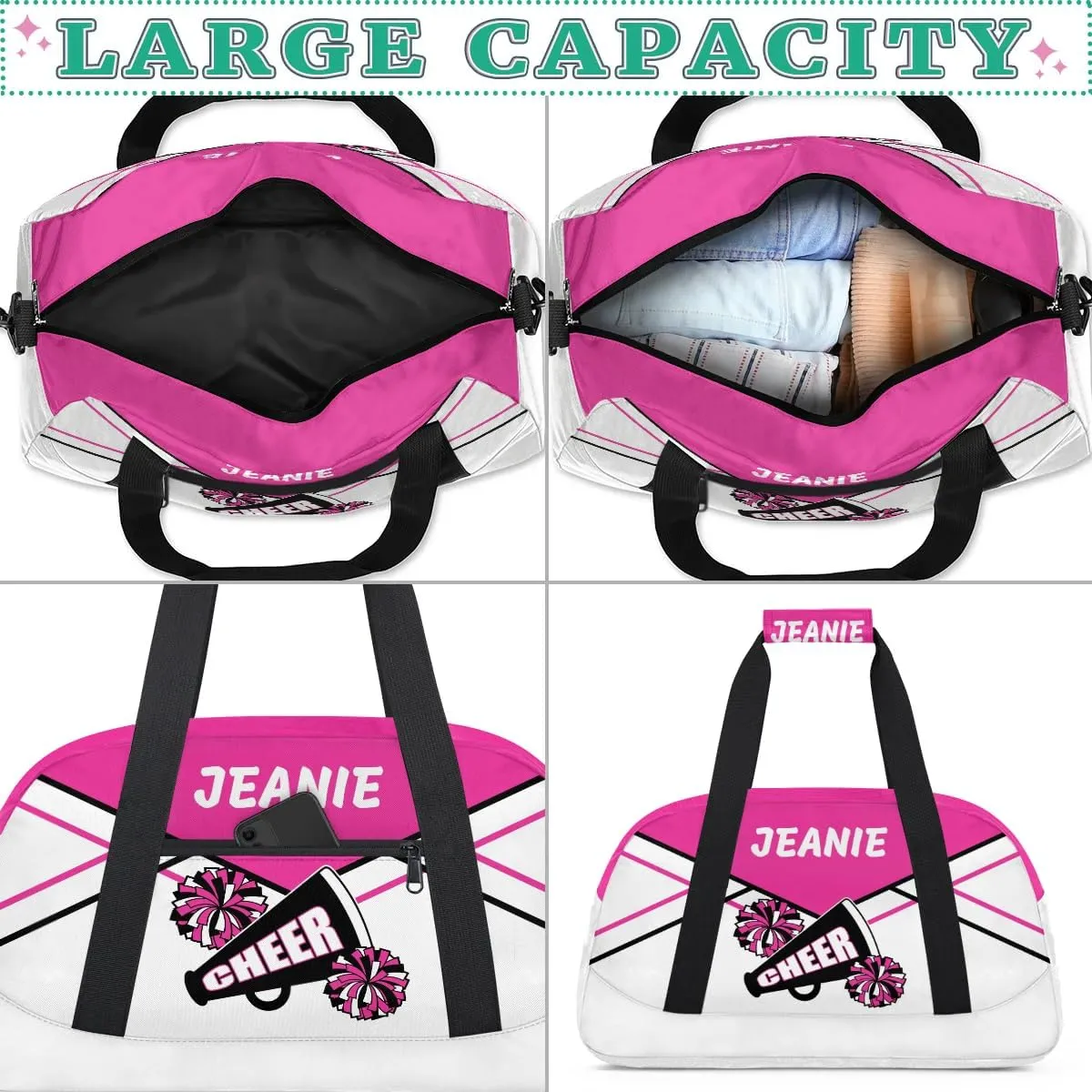 Personalize Cheer Bags for Girls Kids Cheerleaders with Custom Name Dancing Sport Gym Perform Training Duffel Bags for Overnight Weekender Travel Pink White 1