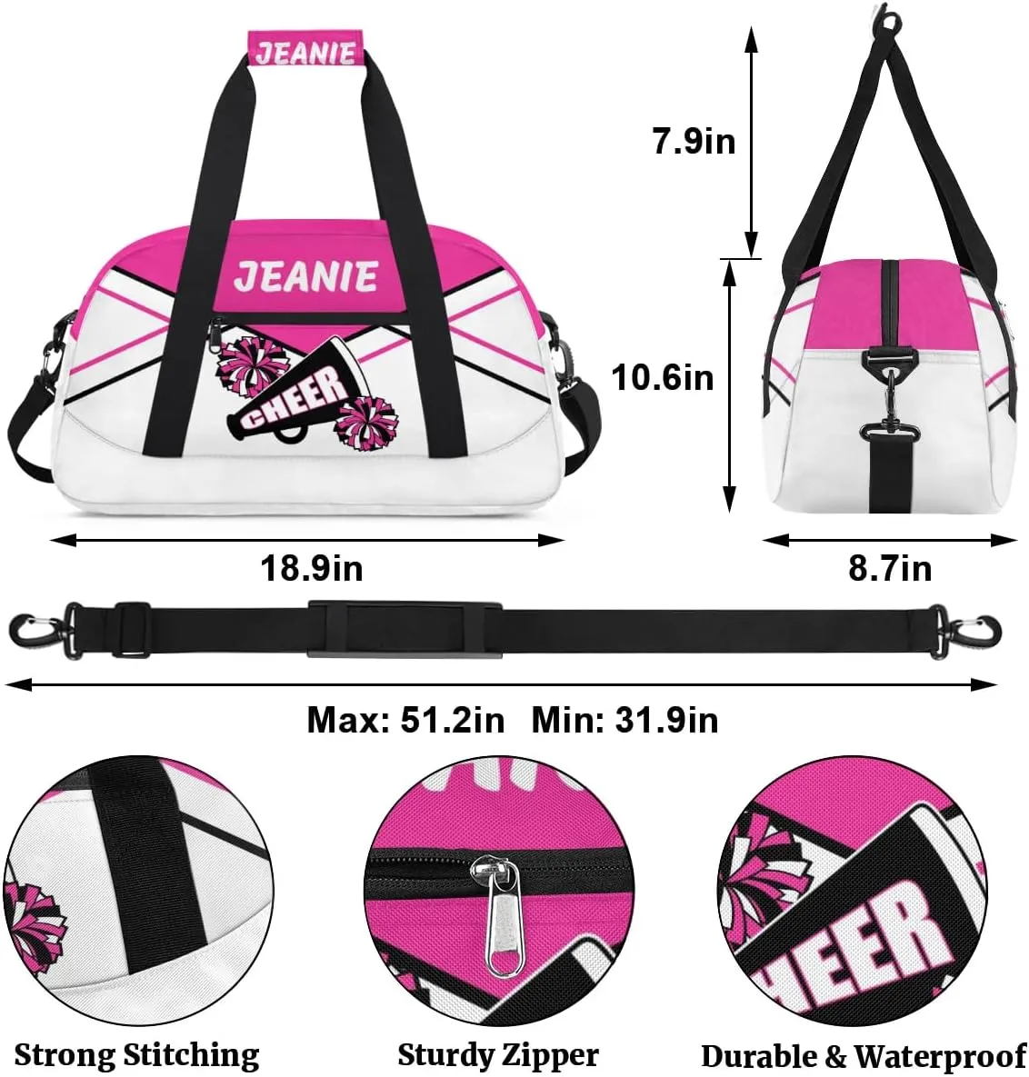 Personalize Cheer Bags for Girls Kids Cheerleaders with Custom Name Dancing Sport Gym Perform Training Duffel Bags for Overnight Weekender Travel Pink White 1