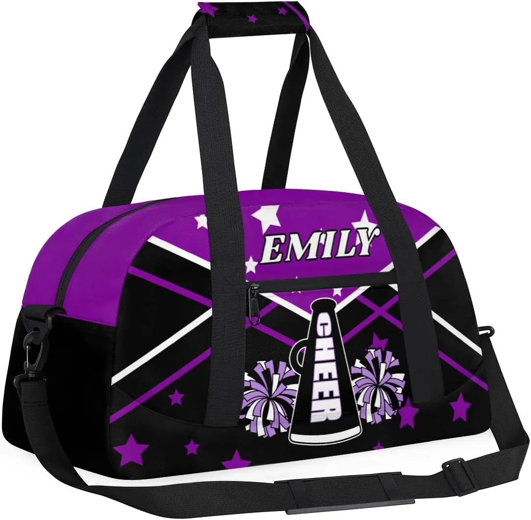 Personalize Cheer Duffel Bags with Custom Name & Text Sport Dance Gym Bags Garment Bags Gift for Girls Kids Cheerleaders Overnight Weekender Travel Purple Black Star