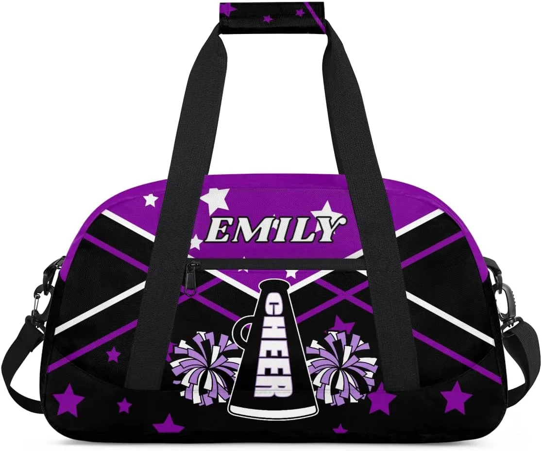 Personalize Cheer Duffel Bags with Custom Name & Text Sport Dance Gym Bags Garment Bags Gift for Girls Kids Cheerleaders Overnight Weekender Travel Purple Black Star