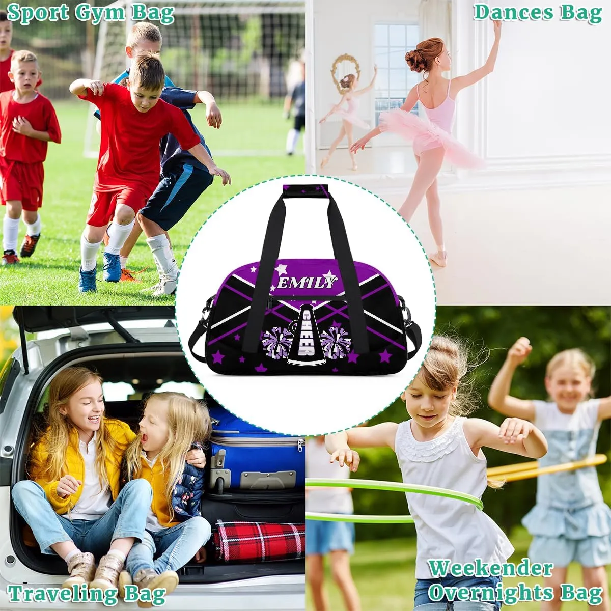 Personalize Cheer Duffel Bags with Custom Name & Text Sport Dance Gym Bags Garment Bags Gift for Girls Kids Cheerleaders Overnight Weekender Travel Purple Black Star