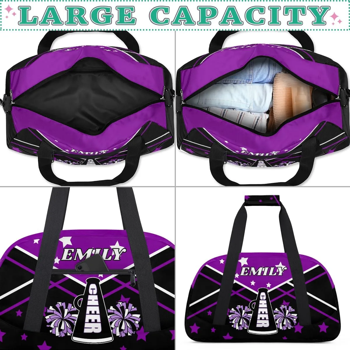 Personalize Cheer Duffel Bags with Custom Name & Text Sport Dance Gym Bags Garment Bags Gift for Girls Kids Cheerleaders Overnight Weekender Travel Purple Black Star
