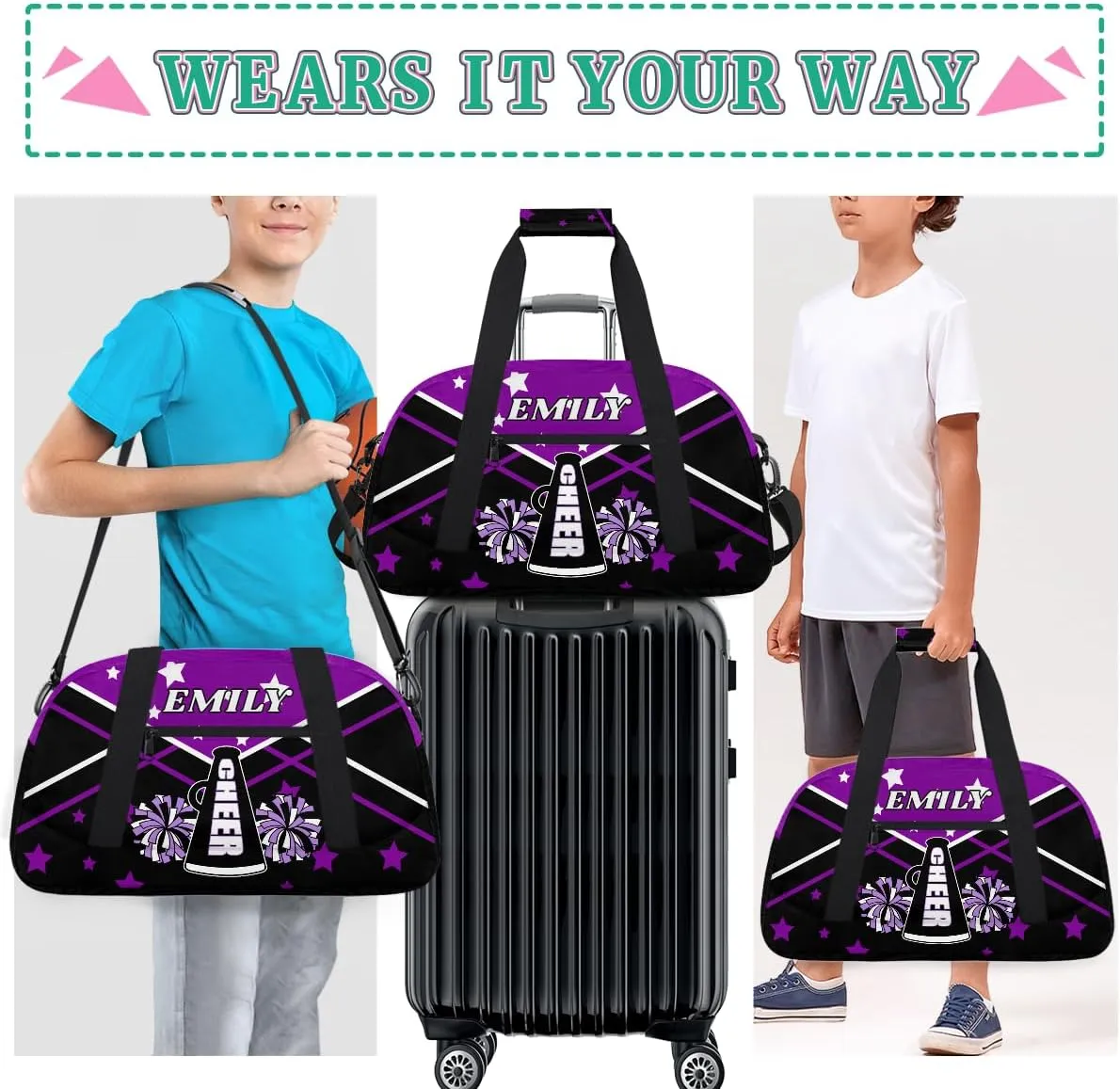 Personalize Cheer Duffel Bags with Custom Name & Text Sport Dance Gym Bags Garment Bags Gift for Girls Kids Cheerleaders Overnight Weekender Travel Purple Black Star