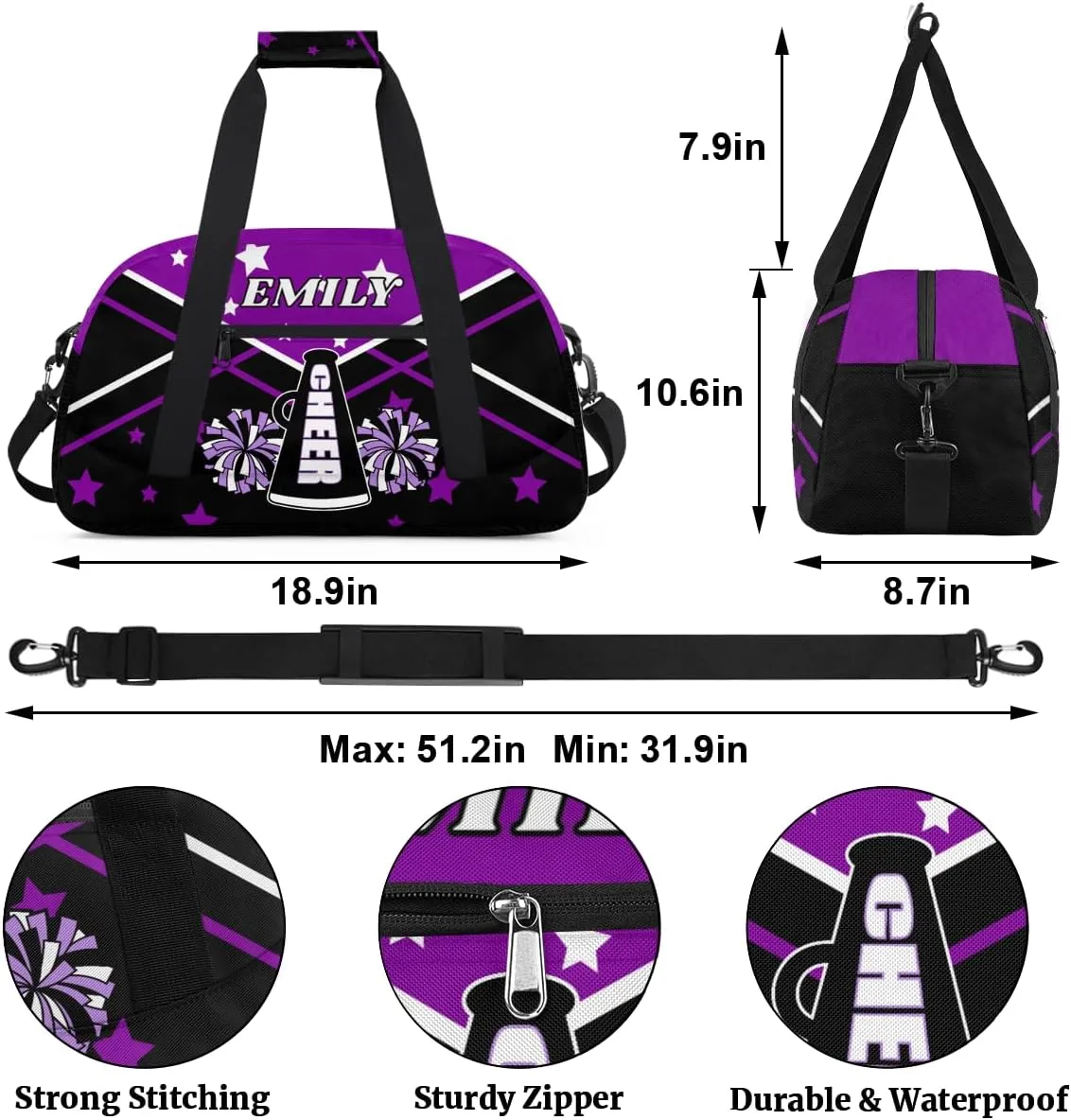 Personalize Cheer Duffel Bags with Custom Name & Text Sport Dance Gym Bags Garment Bags Gift for Girls Kids Cheerleaders Overnight Weekender Travel Purple Black Star