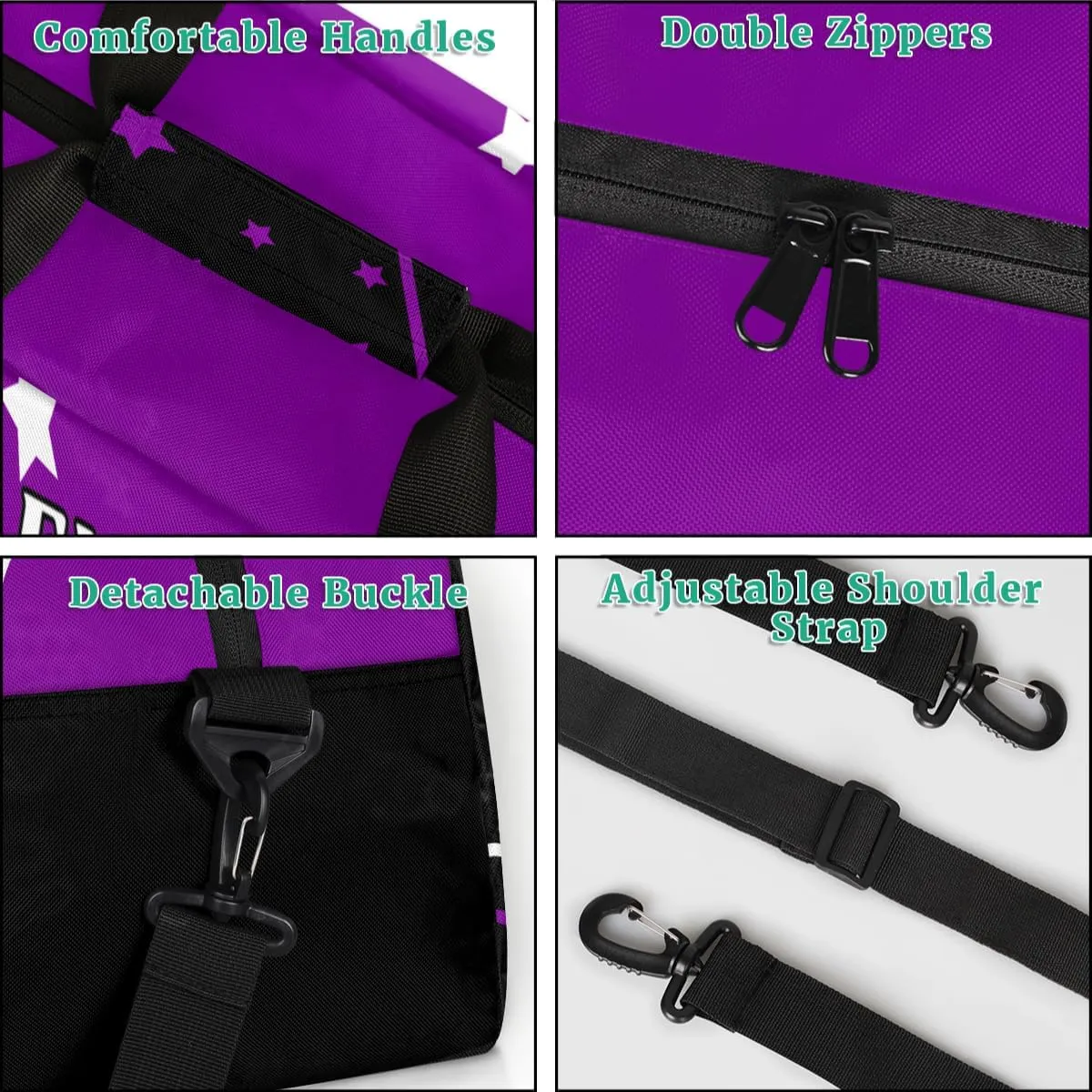 Personalize Cheer Duffel Bags with Custom Name & Text Sport Dance Gym Bags Garment Bags Gift for Girls Kids Cheerleaders Overnight Weekender Travel Purple Black Star