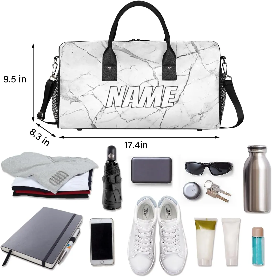Personalized Abstract Marble Travel Duffel Bag with Name, Custom Gym Sport Bag Stone Surface Carry On Weekend Overnight Duffel Bag for Men Women