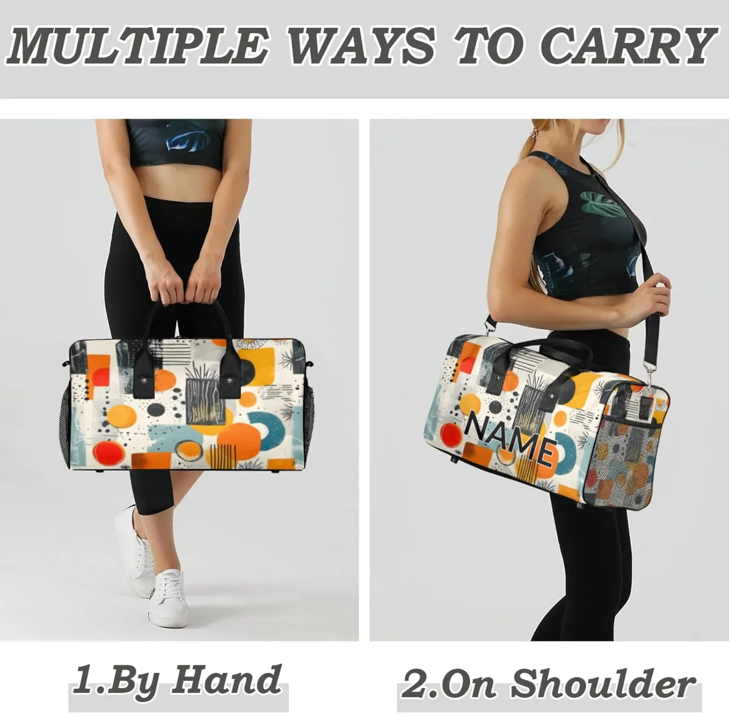 Personalized Abstract Modern Travel Duffel Bag with Name, Custom Gym Sport Bag Art Geometric Carry On Weekend Overnight Duffel Bag for Men Women