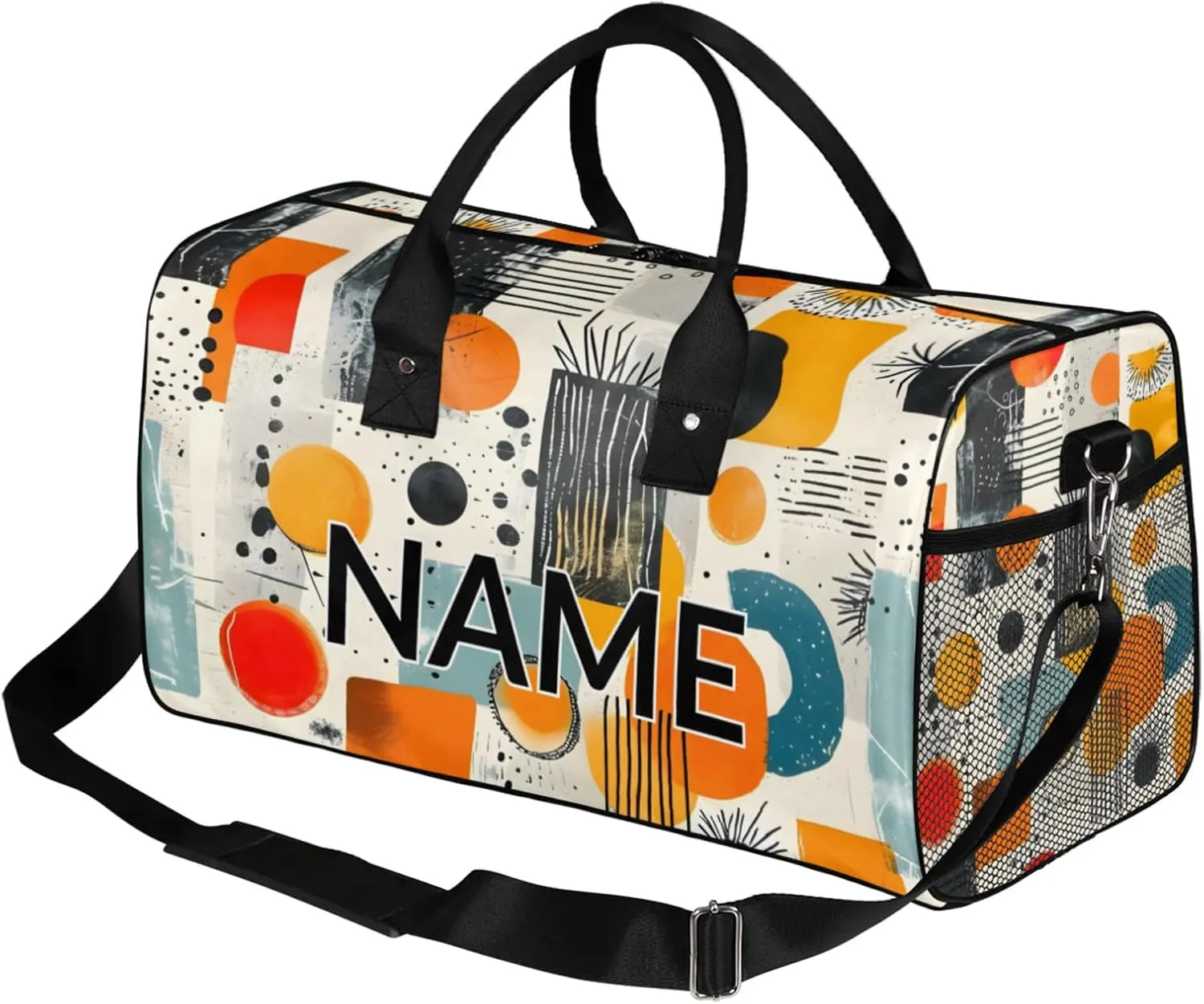 Personalized Abstract Modern Travel Duffel Bag with Name, Custom Gym Sport Bag Art Geometric Carry On Weekend Overnight Duffel Bag for Men Women