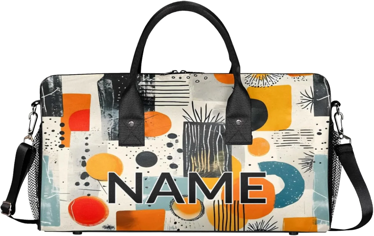 Personalized Abstract Modern Travel Duffel Bag with Name, Custom Gym Sport Bag Art Geometric Carry On Weekend Overnight Duffel Bag for Men Women