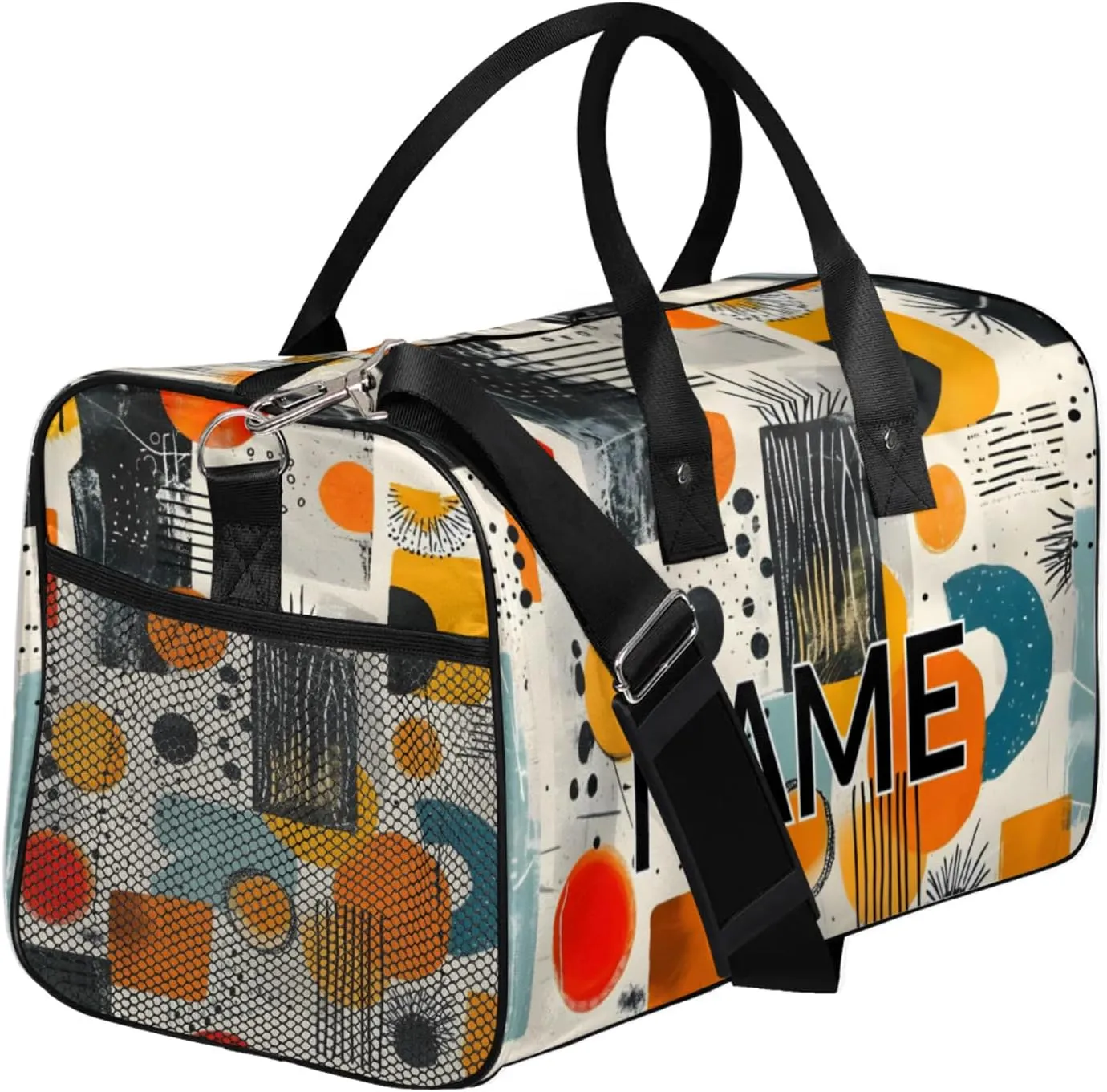 Personalized Abstract Modern Travel Duffel Bag with Name, Custom Gym Sport Bag Art Geometric Carry On Weekend Overnight Duffel Bag for Men Women