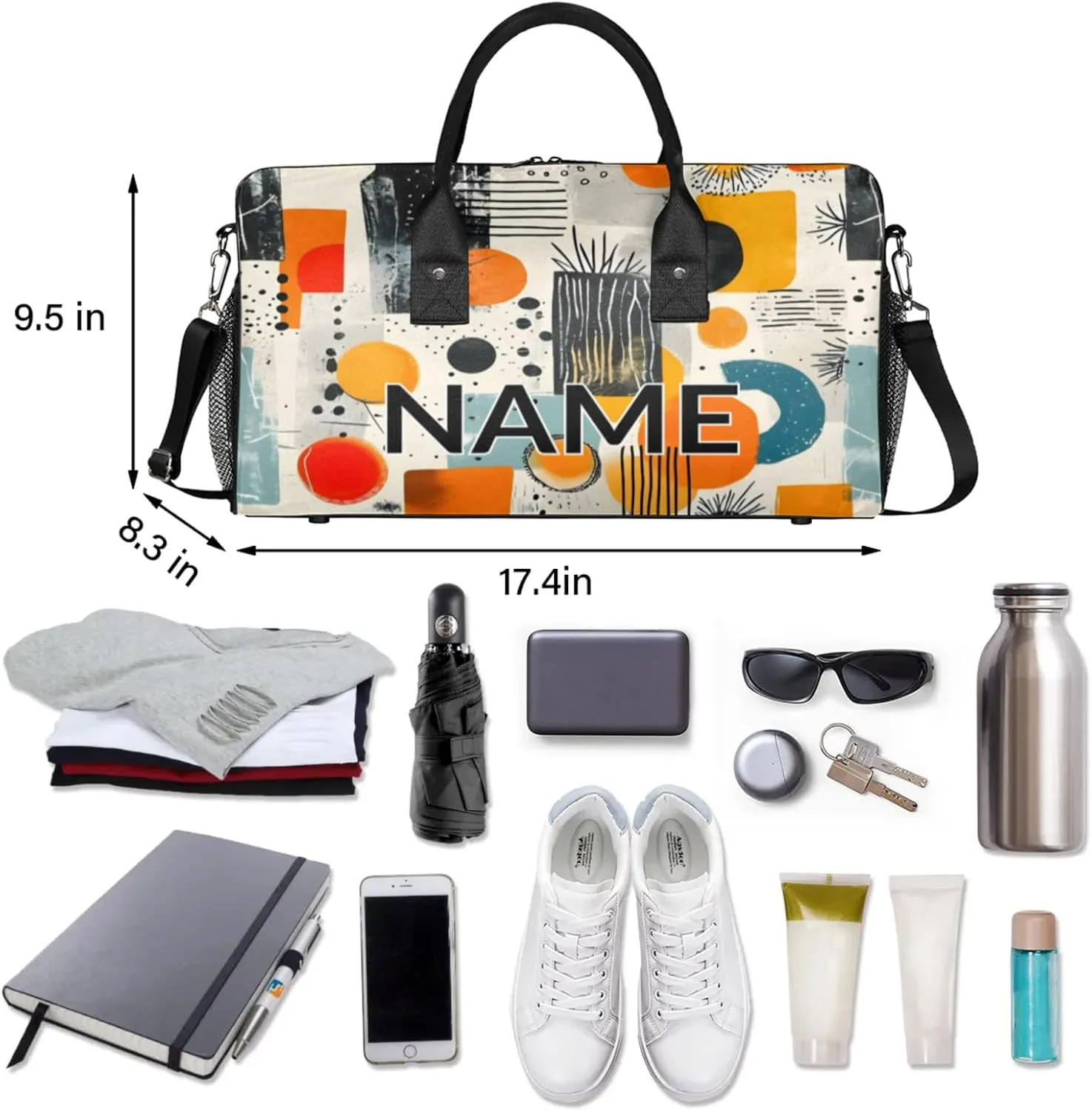 Personalized Abstract Modern Travel Duffel Bag with Name, Custom Gym Sport Bag Art Geometric Carry On Weekend Overnight Duffel Bag for Men Women