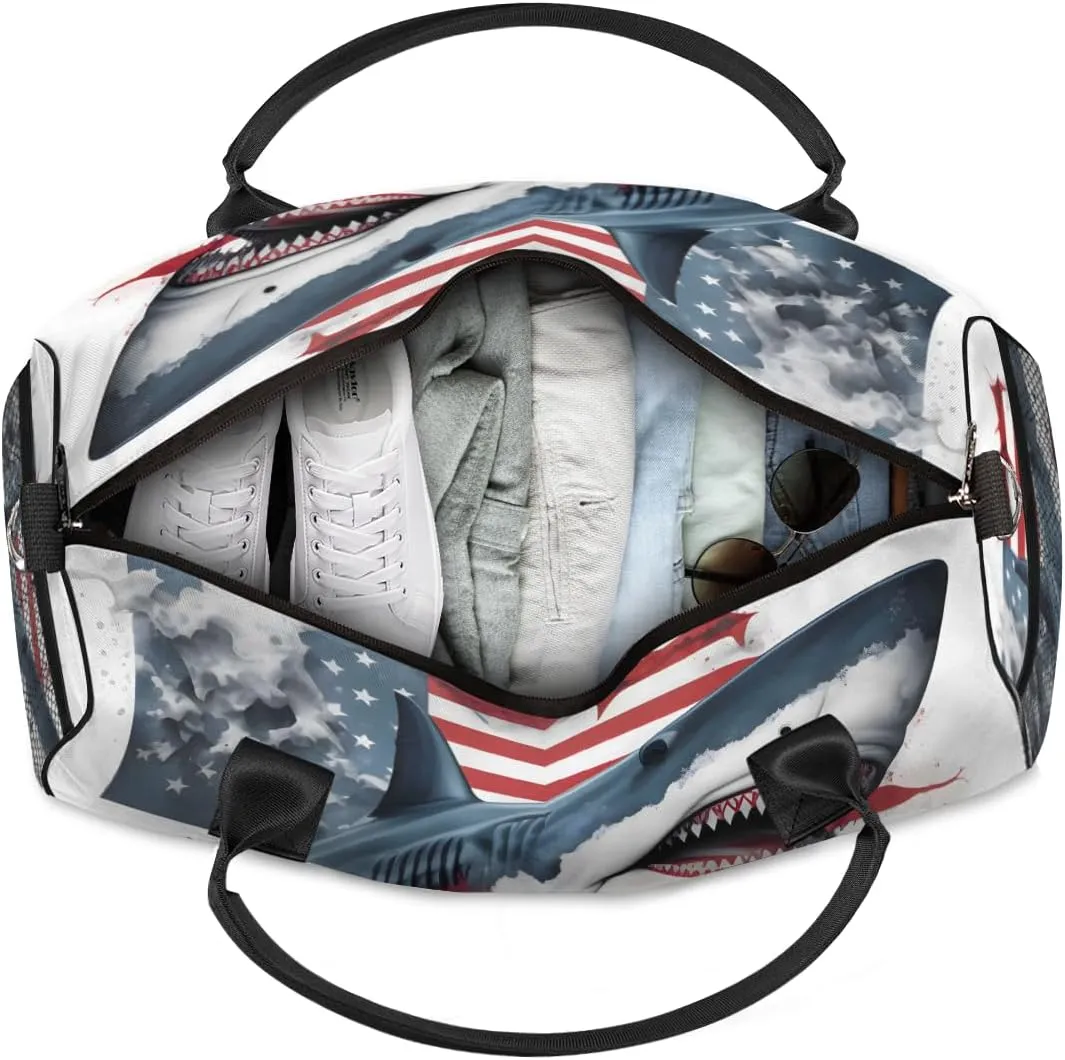 Personalized America Flag Sharks Travel Duffel Bag with Name, Custom Gym Sport Bag Sea Animals Carry On Weekend Overnight Duffel Bag for Men Women