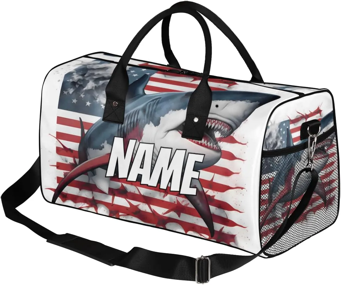 Personalized America Flag Sharks Travel Duffel Bag with Name, Custom Gym Sport Bag Sea Animals Carry On Weekend Overnight Duffel Bag for Men Women