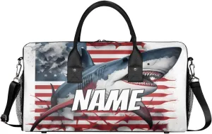 Personalized America Flag Sharks Travel Duffel Bag with Name, Custom Gym Sport Bag Sea Animals Carry On Weekend Overnight Duffel Bag for Men Women