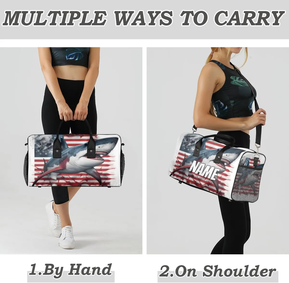 Personalized America Flag Sharks Travel Duffel Bag with Name, Custom Gym Sport Bag Sea Animals Carry On Weekend Overnight Duffel Bag for Men Women