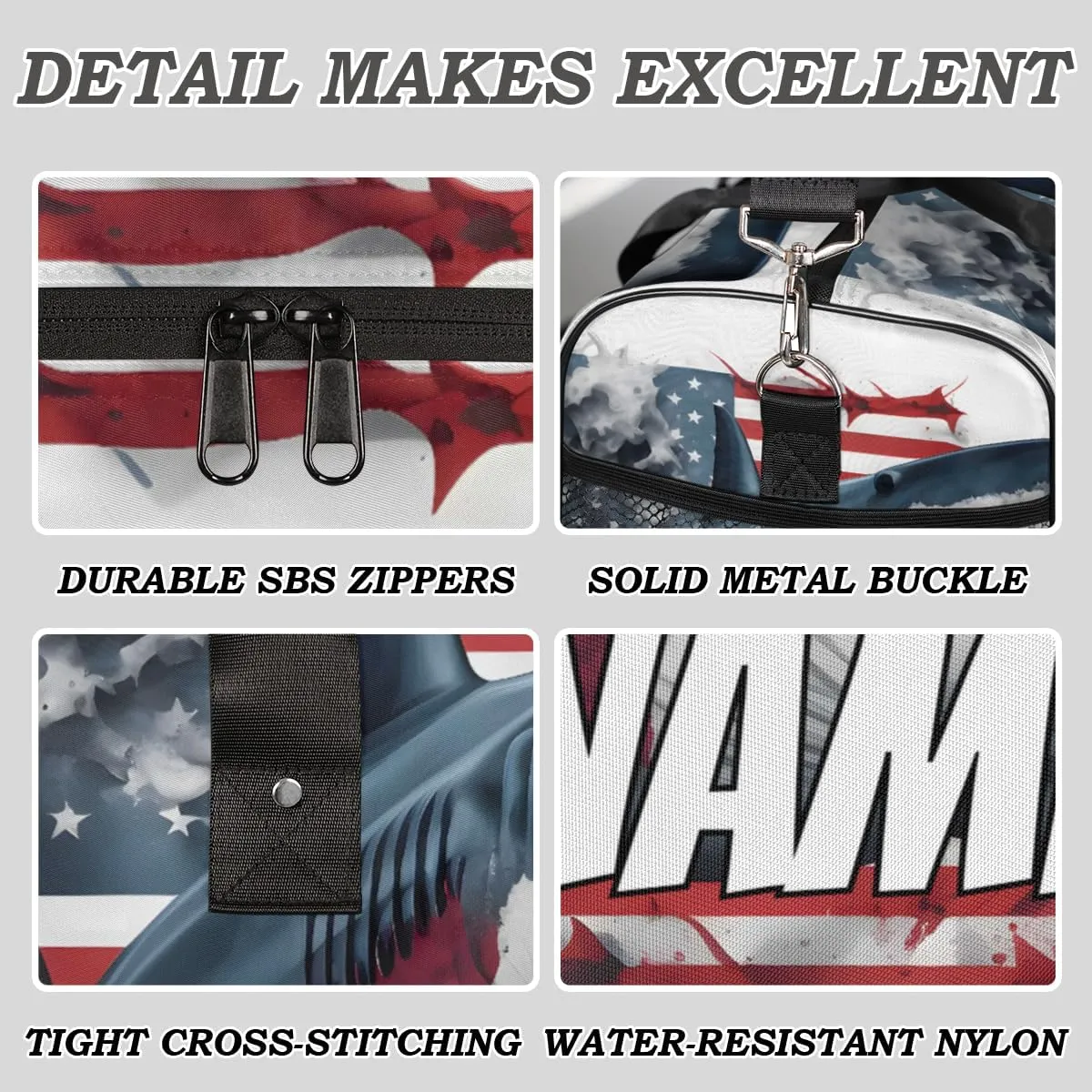 Personalized America Flag Sharks Travel Duffel Bag with Name, Custom Gym Sport Bag Sea Animals Carry On Weekend Overnight Duffel Bag for Men Women