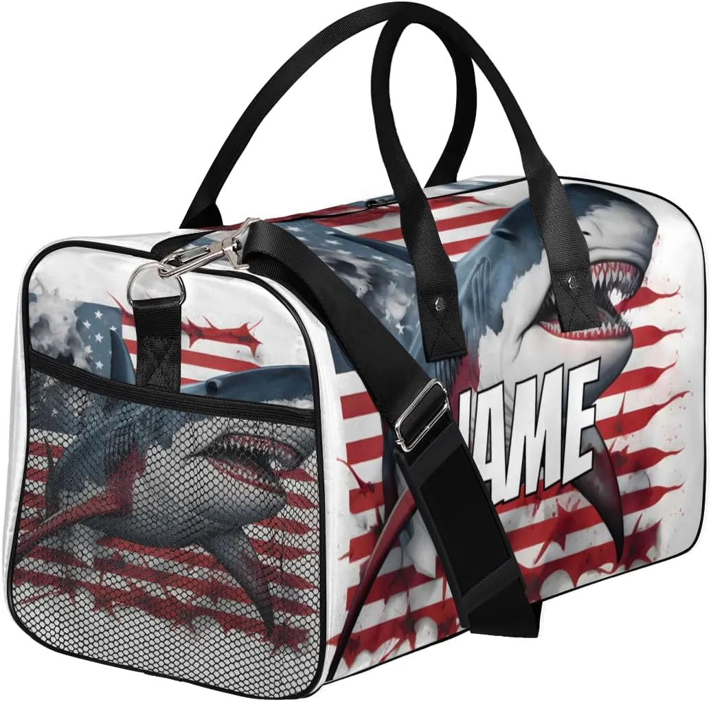 Personalized America Flag Sharks Travel Duffel Bag with Name, Custom Gym Sport Bag Sea Animals Carry On Weekend Overnight Duffel Bag for Men Women