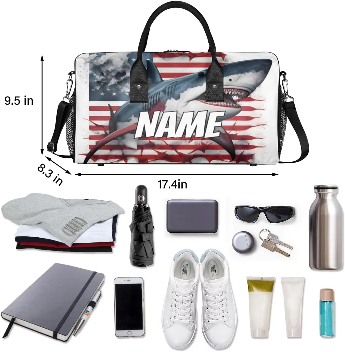 Personalized America Flag Sharks Travel Duffel Bag with Name, Custom Gym Sport Bag Sea Animals Carry On Weekend Overnight Duffel Bag for Men Women
