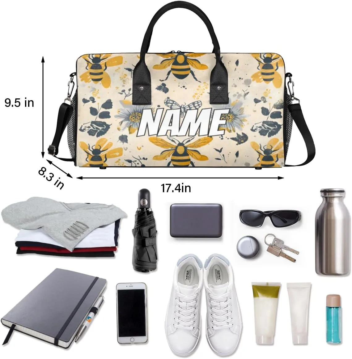 Personalized Animal Bees Travel Duffel Bag with Name, Custom Gym Sport Bag Sunflowers Floral Carry On Weekend Overnight Duffel Bag for Men Women