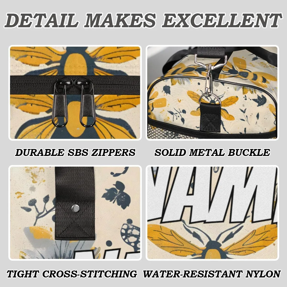 Personalized Animal Bees Travel Duffel Bag with Name, Custom Gym Sport Bag Sunflowers Floral Carry On Weekend Overnight Duffel Bag for Men Women