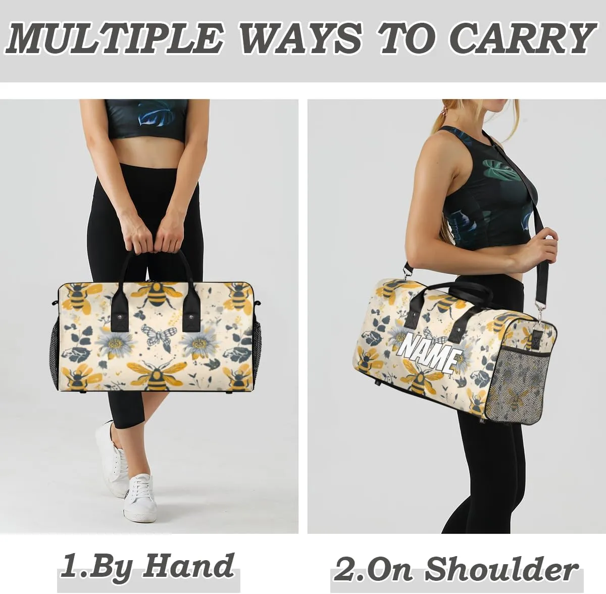 Personalized Animal Bees Travel Duffel Bag with Name, Custom Gym Sport Bag Sunflowers Floral Carry On Weekend Overnight Duffel Bag for Men Women