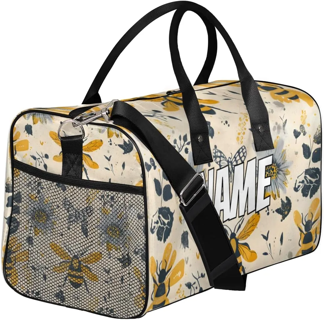 Personalized Animal Bees Travel Duffel Bag with Name, Custom Gym Sport Bag Sunflowers Floral Carry On Weekend Overnight Duffel Bag for Men Women