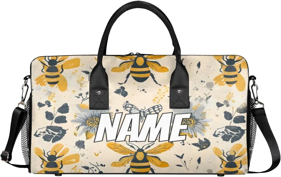Personalized Animal Bees Travel Duffel Bag with Name, Custom Gym Sport Bag Sunflowers Floral Carry On Weekend Overnight Duffel Bag for Men Women