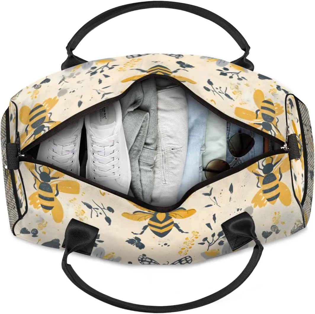 Personalized Animal Bees Travel Duffel Bag with Name, Custom Gym Sport Bag Sunflowers Floral Carry On Weekend Overnight Duffel Bag for Men Women