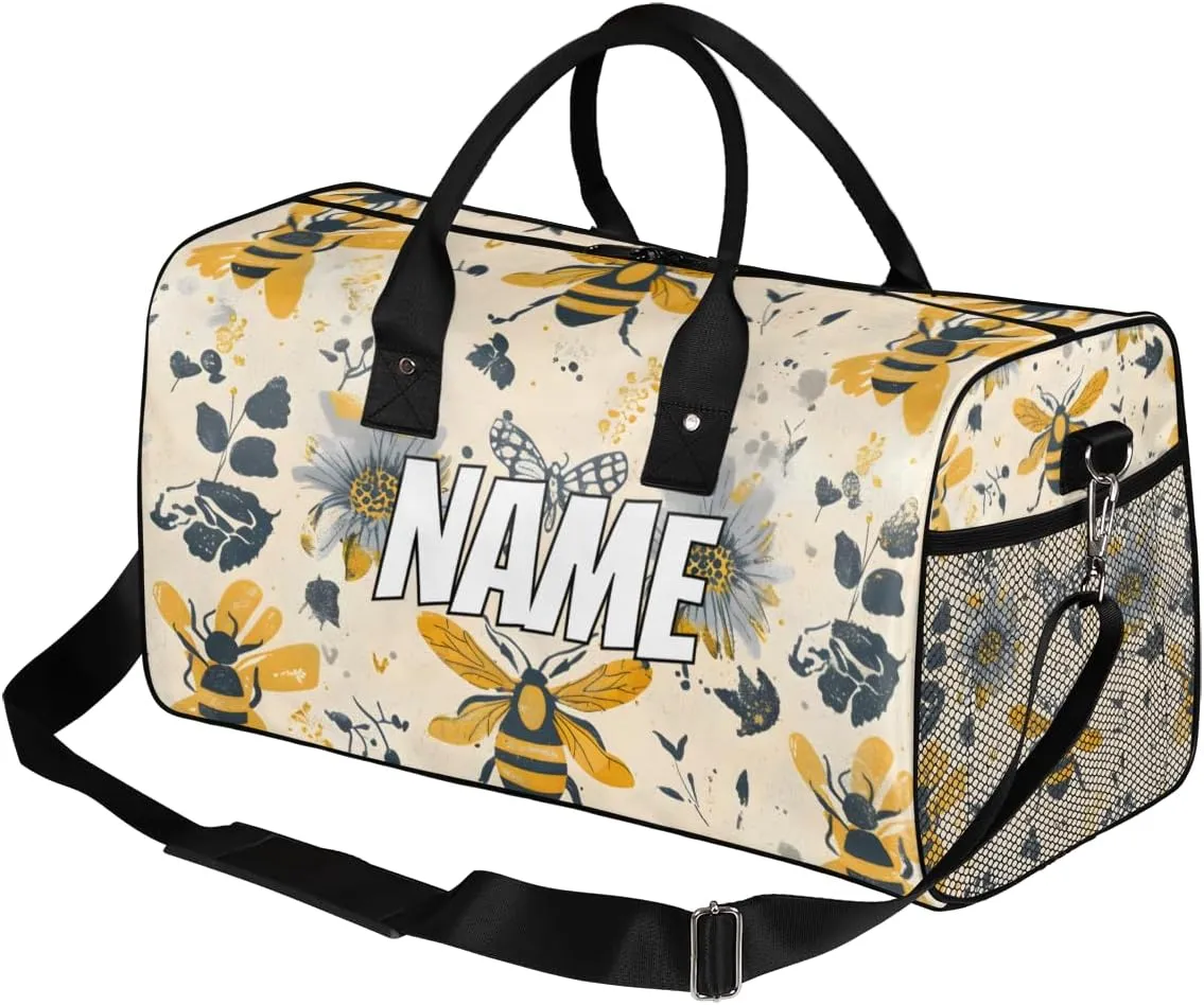 Personalized Animal Bees Travel Duffel Bag with Name, Custom Gym Sport Bag Sunflowers Floral Carry On Weekend Overnight Duffel Bag for Men Women
