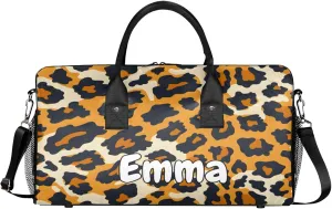 Personalized Animal Leopard Travel Duffel Bag with Name, Custom Gym Sport Bag Leopard Pattern Carry On Weekend Overnight Duffel Bag for Men Women