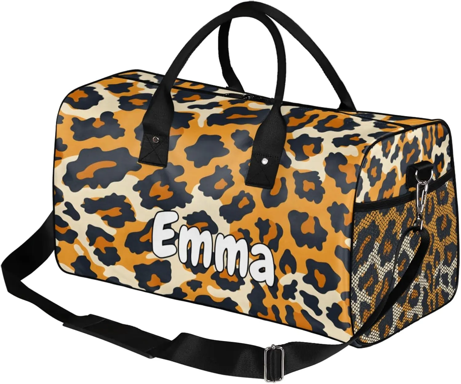 Personalized Animal Leopard Travel Duffel Bag with Name, Custom Gym Sport Bag Leopard Pattern Carry On Weekend Overnight Duffel Bag for Men Women