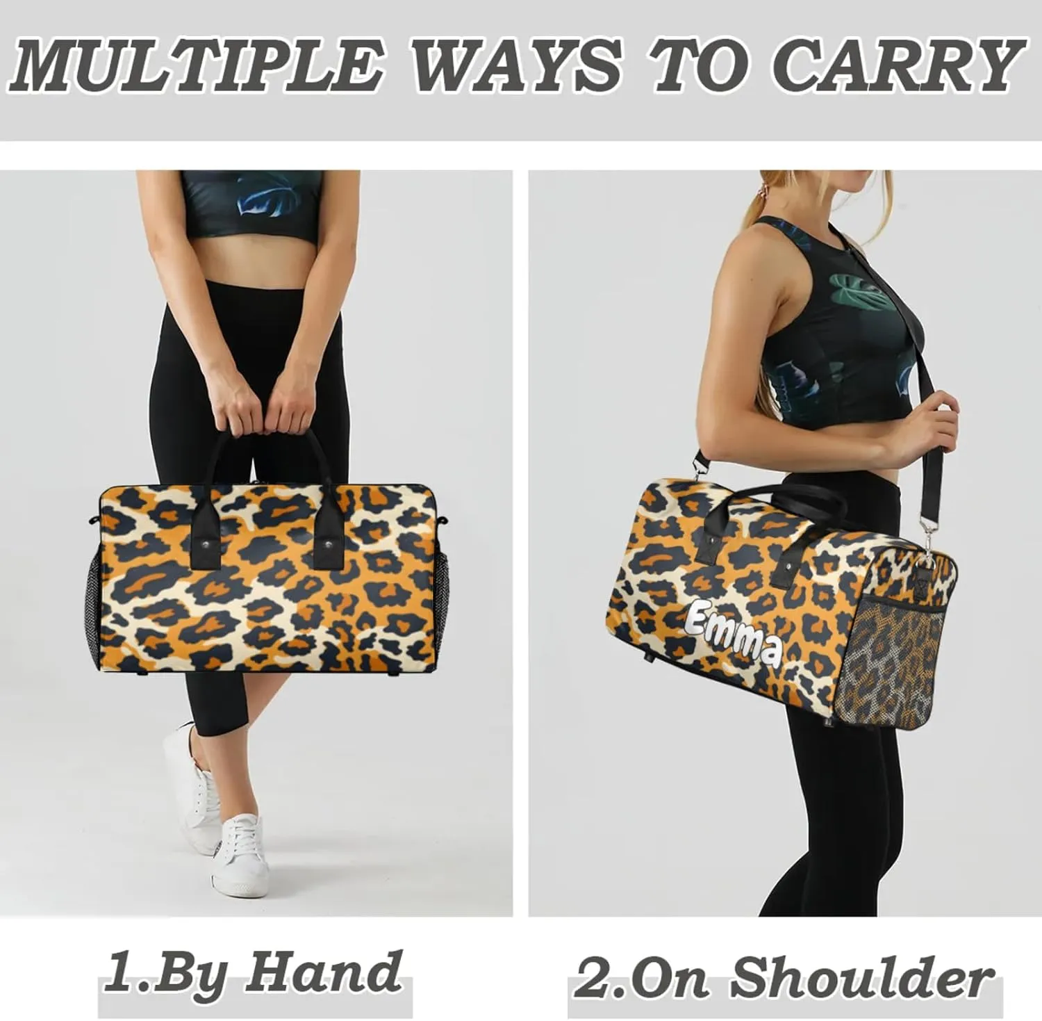 Personalized Animal Leopard Travel Duffel Bag with Name, Custom Gym Sport Bag Leopard Pattern Carry On Weekend Overnight Duffel Bag for Men Women