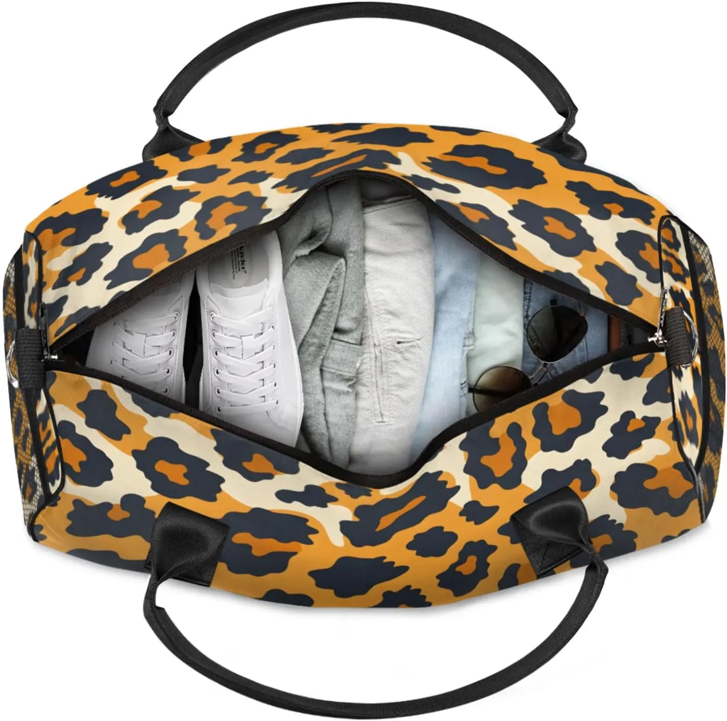Personalized Animal Leopard Travel Duffel Bag with Name, Custom Gym Sport Bag Leopard Pattern Carry On Weekend Overnight Duffel Bag for Men Women