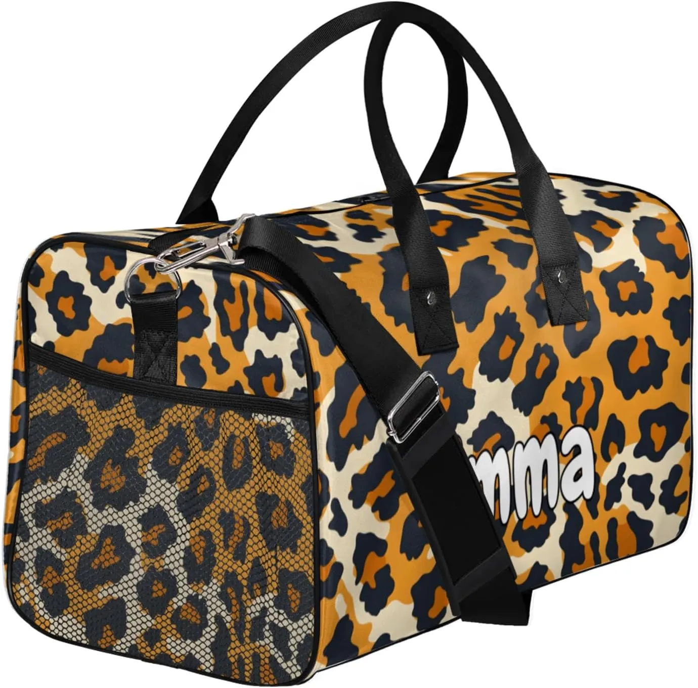 Personalized Animal Leopard Travel Duffel Bag with Name, Custom Gym Sport Bag Leopard Pattern Carry On Weekend Overnight Duffel Bag for Men Women