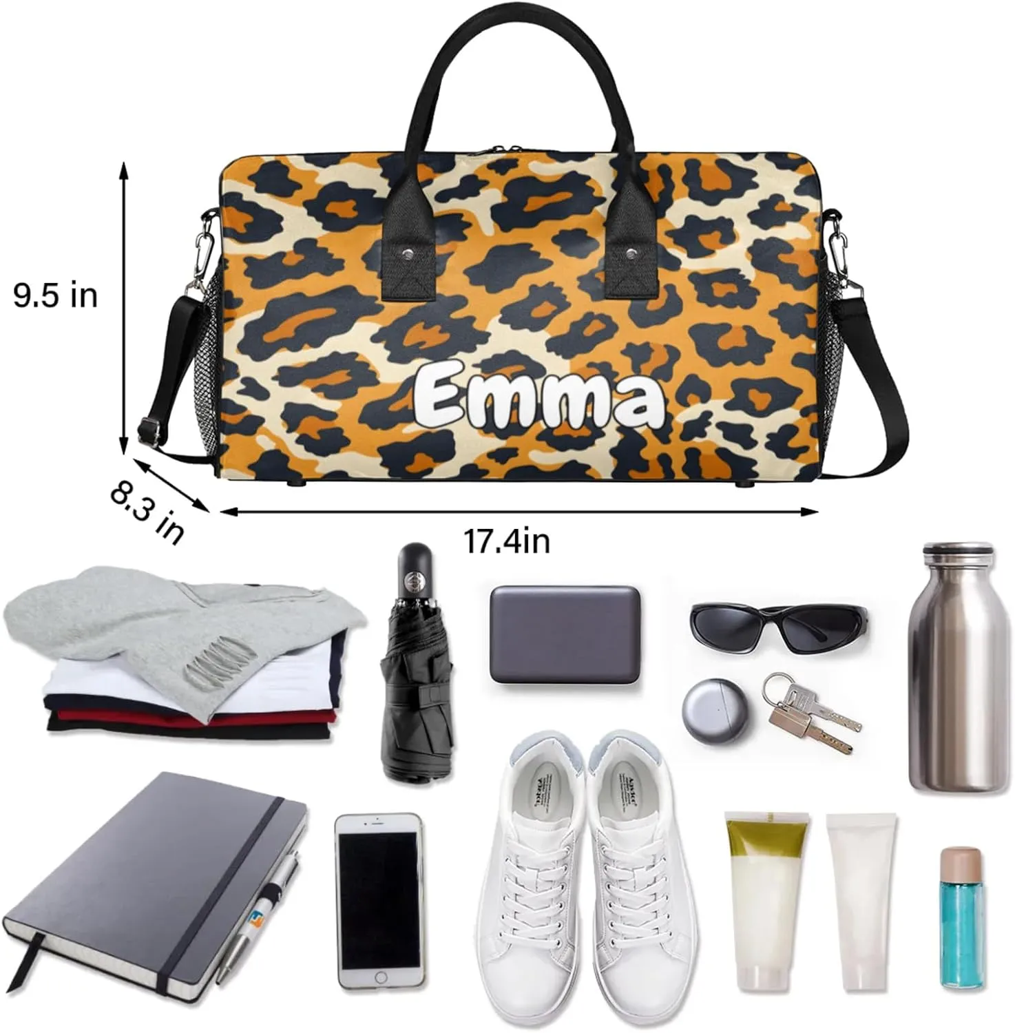 Personalized Animal Leopard Travel Duffel Bag with Name, Custom Gym Sport Bag Leopard Pattern Carry On Weekend Overnight Duffel Bag for Men Women